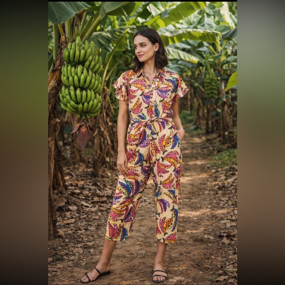 🎉RARE🎉 Farm Rio Anthropologie NWT Frilled Cap Flutter Sleeve Crop Leg Jumpsuit S